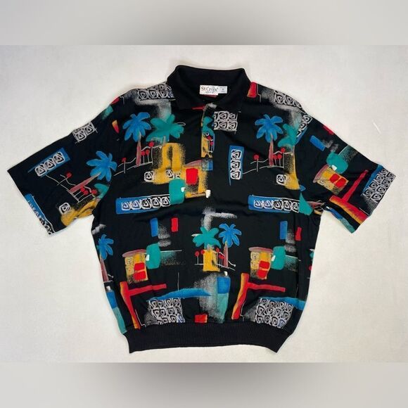 VINTAGE St Croix Knits Abstract Polo Shirt Men Medium Black Short Sleeve USA - Picture 1 of 6
